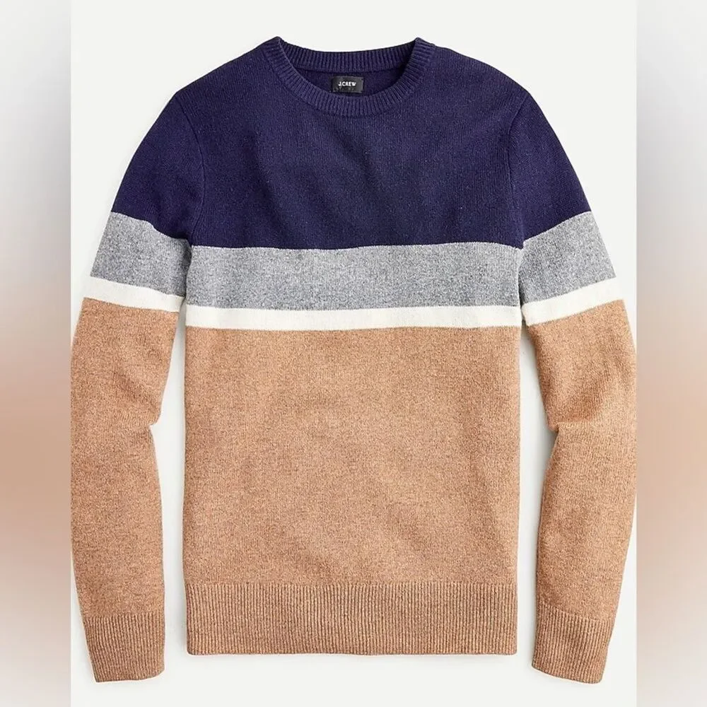 J.CREW Men M Rugged Merino Wool Navy Tan Crewneck Pullover Knit Sweater Preppy